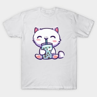 a cute cat holding and drinking boba tea T-Shirt